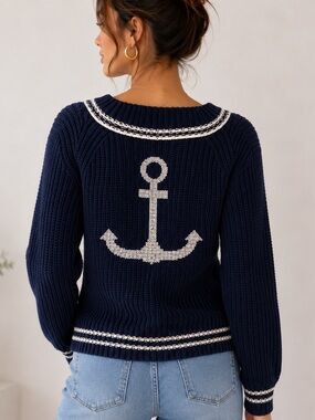 129,NEE Navy Anchor Knit Sweater - Nautical V-Neck %100 cotton oversized